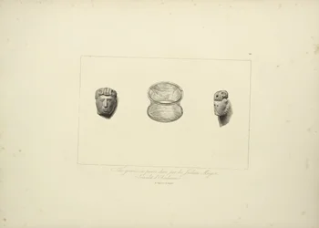 Graverat huvud av hård sten från Muycas-indianerna, Obsidian-armband, illustration från Views of the Cordilleras and Monuments of the Ursprungsbefolkning i Amerika av Alexander von Humboldt och Aime Bonpland,
